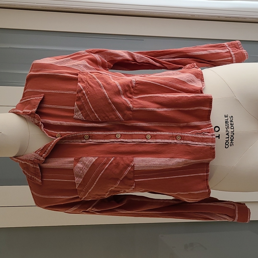 Deep Orange Striped Cropped Button Down Top Blouse Shirt